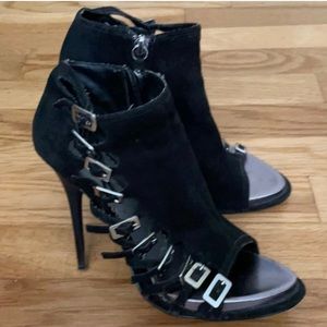 NEW Bebe Black Suede Peep-Toe Buckle Booties - Size 9
